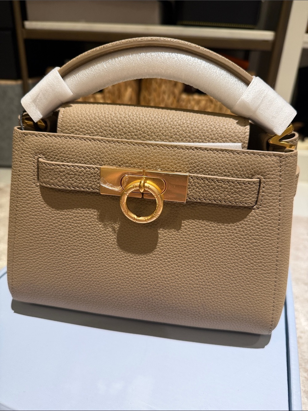 Parisa Wang Taupe Top-Handle Leather Satchel with Gold Ring Hardware